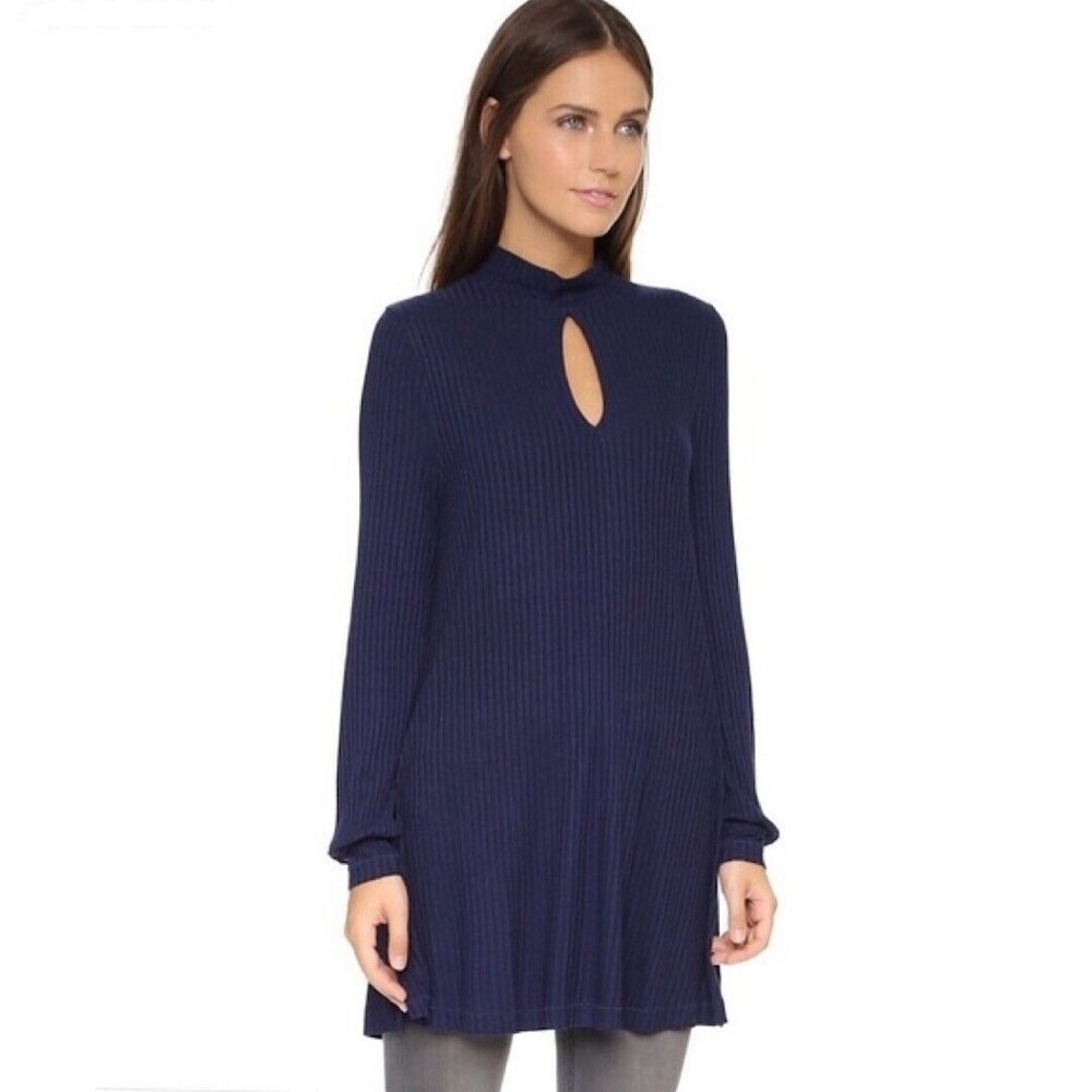 We The Free People Blue Long Sleeve Mock Neck Flare Ribbed Tunic Dress Top XS